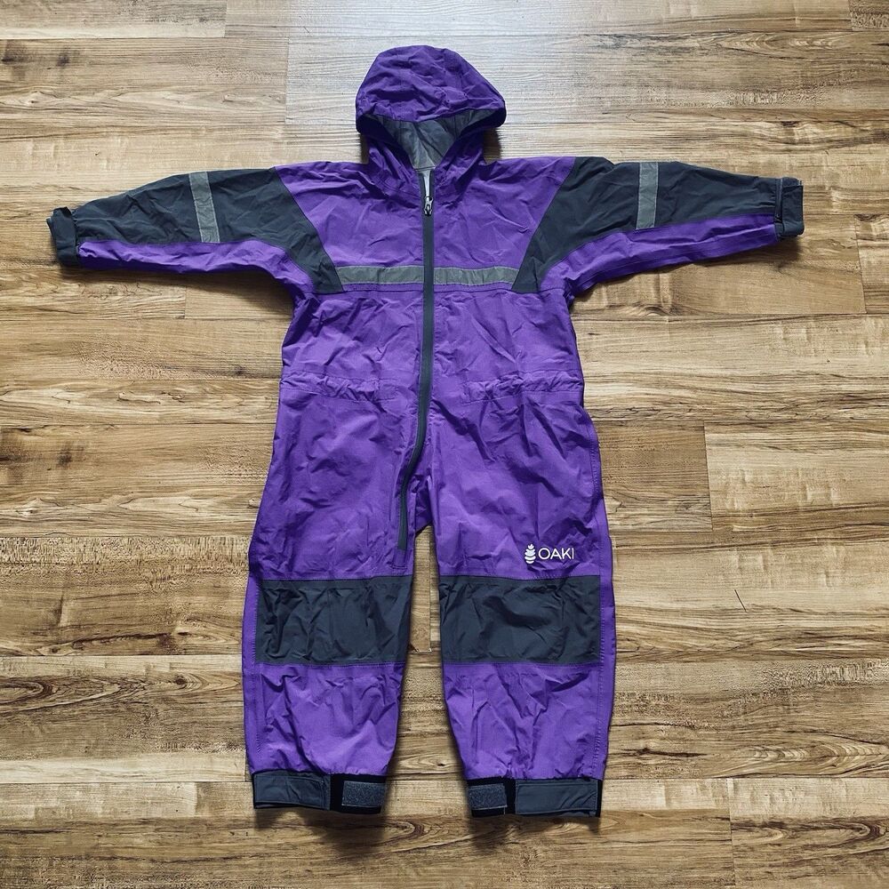 Oaki Kids Trail Suit Sz 4 Purple Gray Waterproof Zip-Up One Piece Hooded Outdoor